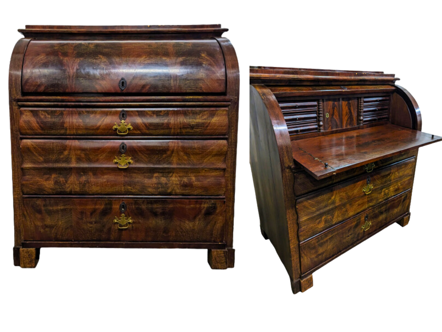 Antique Continental Flame Mahogany Cylinder Bureau- 1900