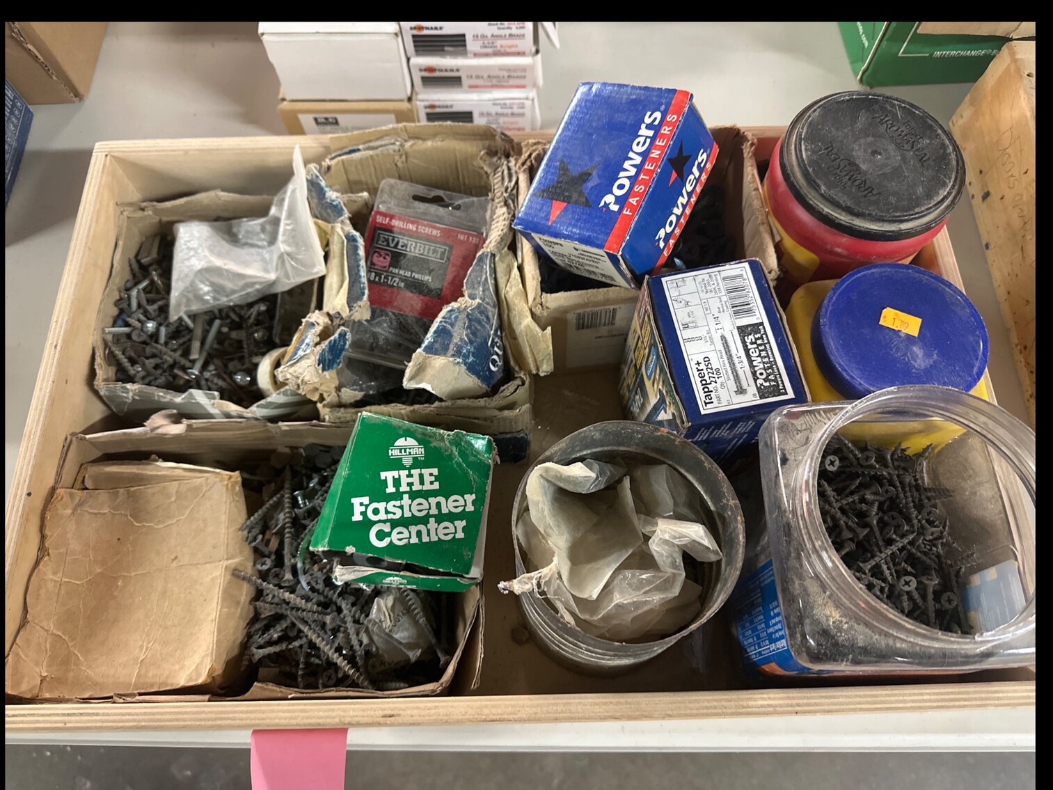 14x21 wooden box of misc screws