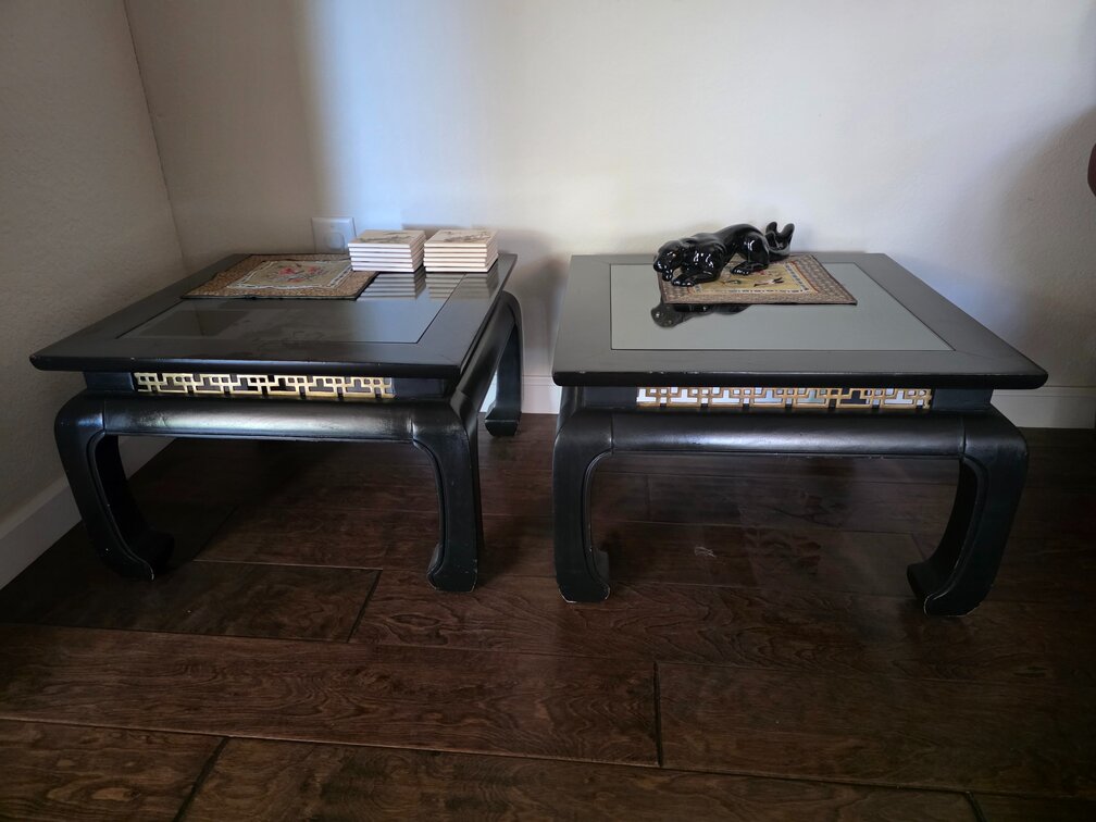 Vintage Asian Modern Chinese Style Black Lacquer End Tables 2pc Includes Contents On Tables