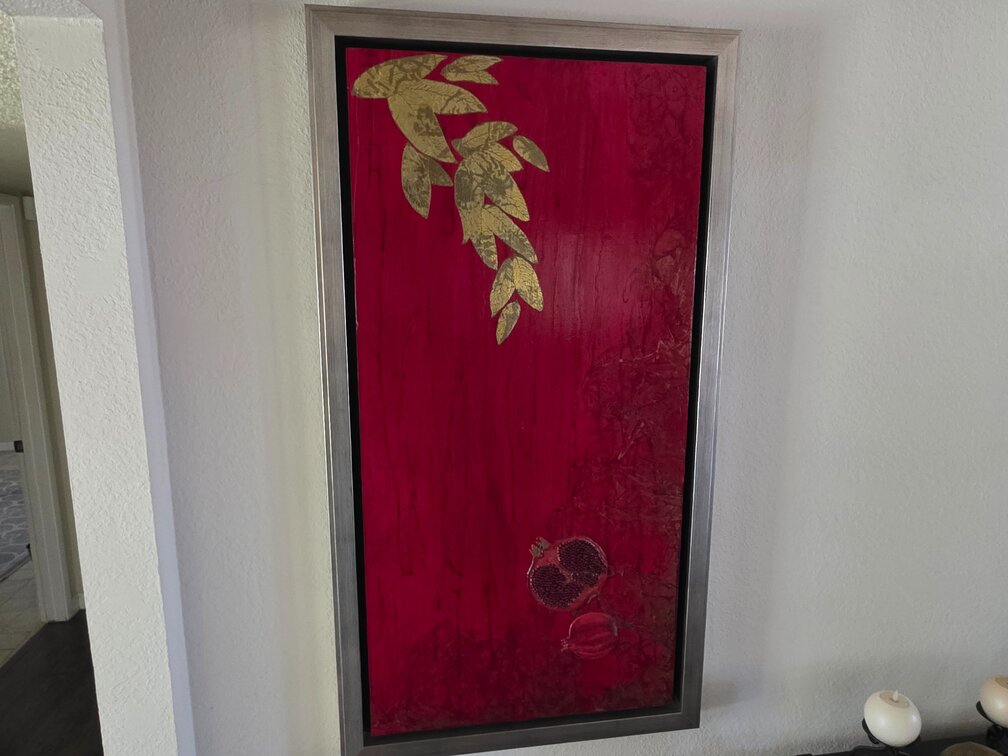 Acrylic, Gold Leaf And Pomegranate Painting In Wood Gold Frame
