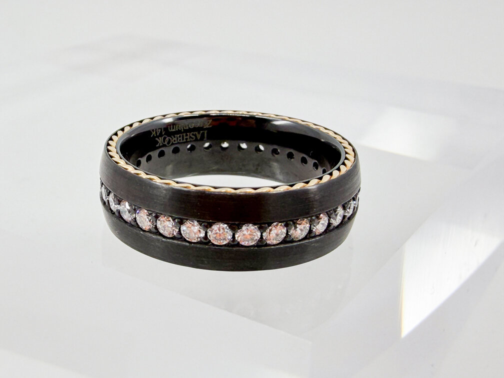 Lashbrook Black Zirconium & 14K Rose Gold Diamond Band Size 9