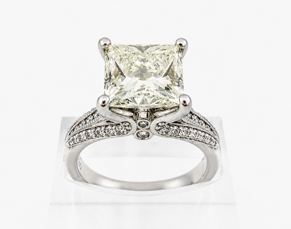 4.6 tcw Diamond and Platinum Princess-Cut Solitaire Ring, size 6.5
