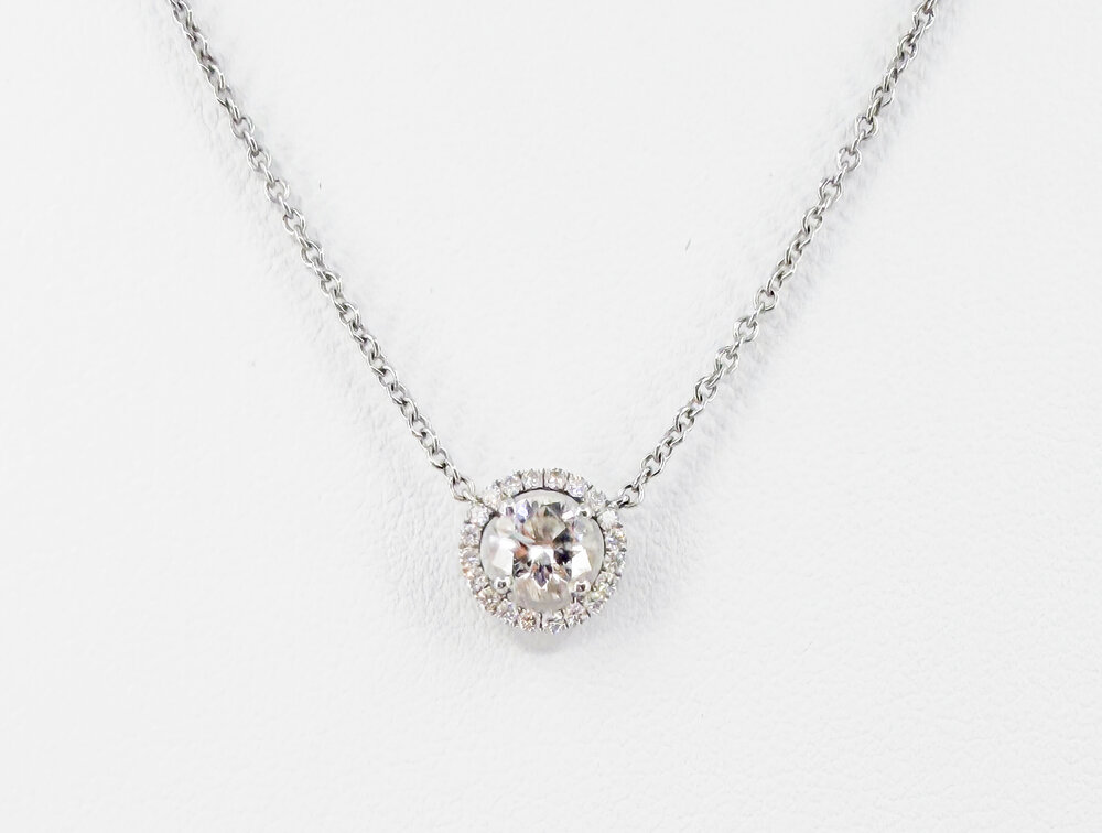 18K White Gold Diamond Halo Pendant Necklace, 16"