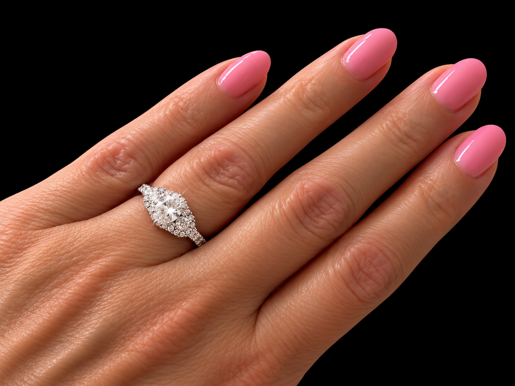 Hearts on Fire Platinum Three-Stone Diamond Halo Ring (see complete description, stone missing), size 6.