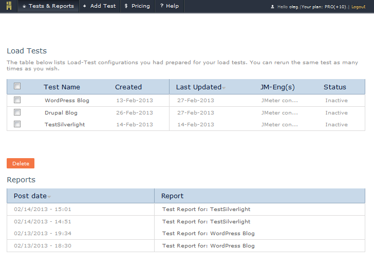 BlazeMeter: Load Tests Table