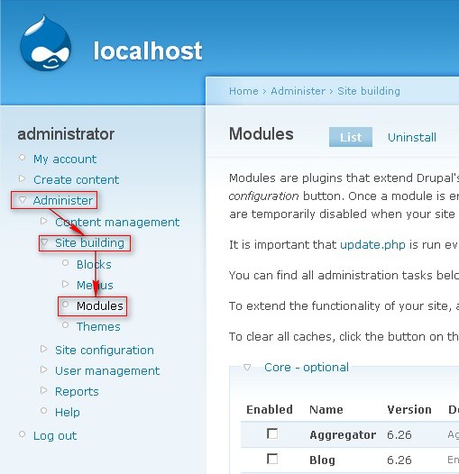 Via left-sidebar go to “Administer”->“Site building”->”Modules”