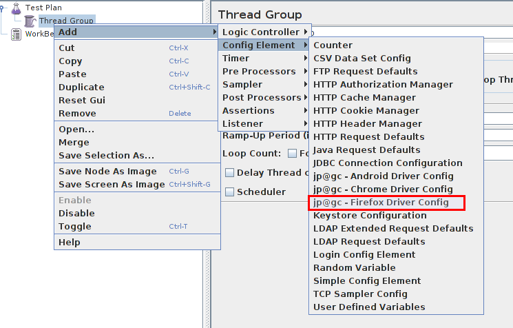 WebDriver plugins installed open Jmeter - Firefox Driver Config.