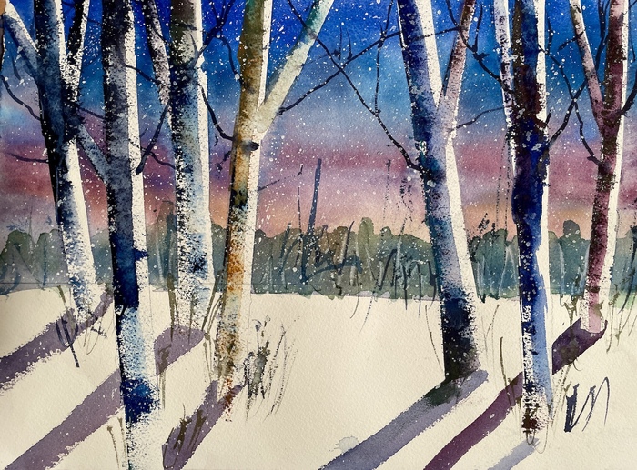A stand of birches in a snowy woods with snow falling.