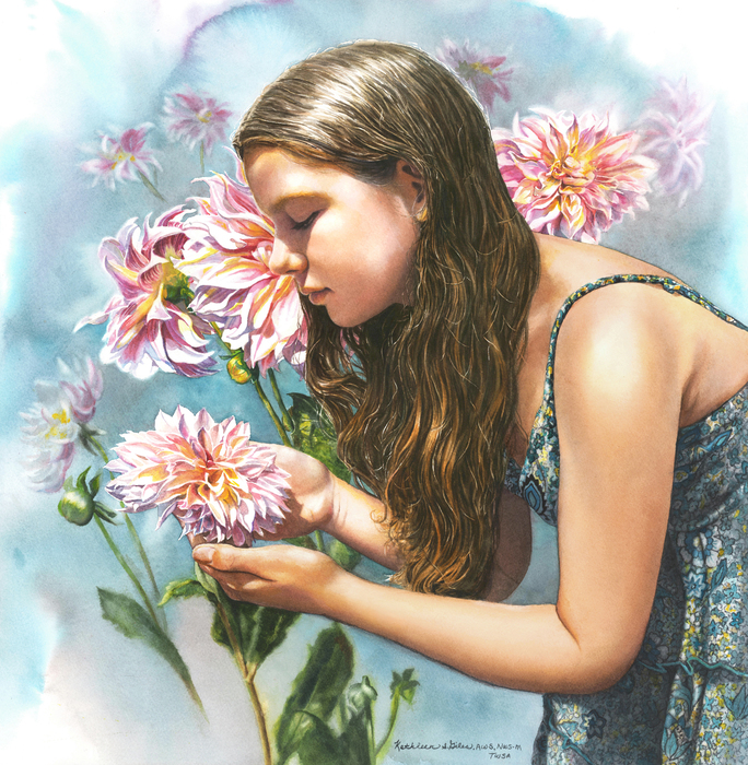 This is a painting of a young girl in a blue patterned dress. She is bent over as if smelling the pink dahlia in her hand.
