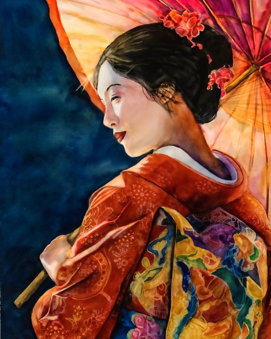 Geisha in red patterned kimono shown in profile, holding a parasol. Flowers in her hair glow in warm light.