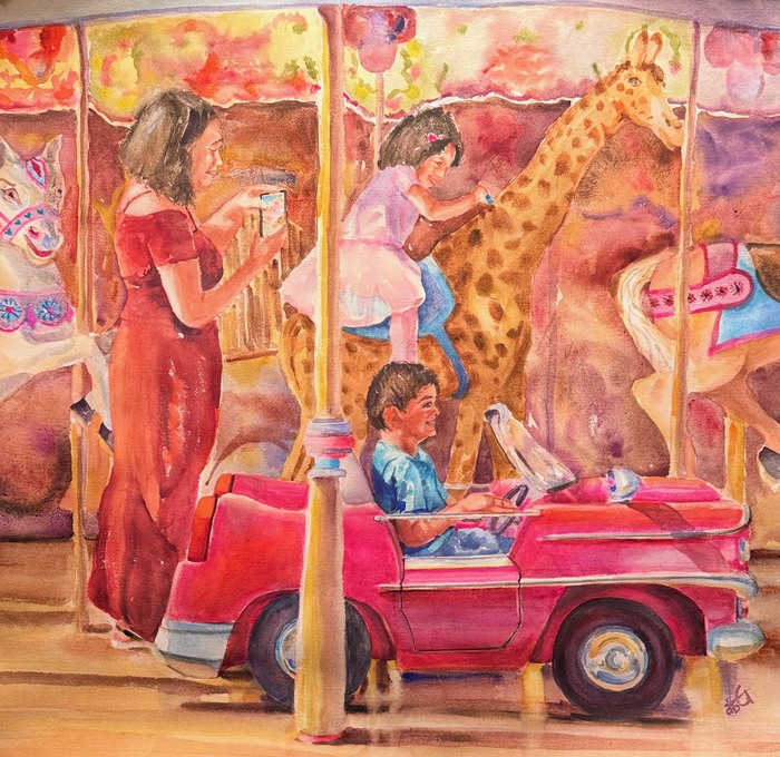 A mother is taking a cell-phone phot of her kids on a colorful merry-go-round.