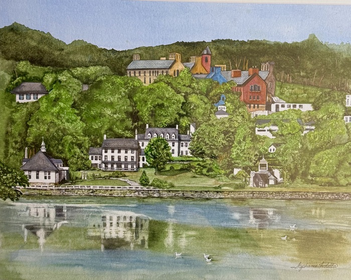 Shoreline view of Cold, Spring Harbor laboratories and St. John’s Church a photo taken that I just had to paint.
