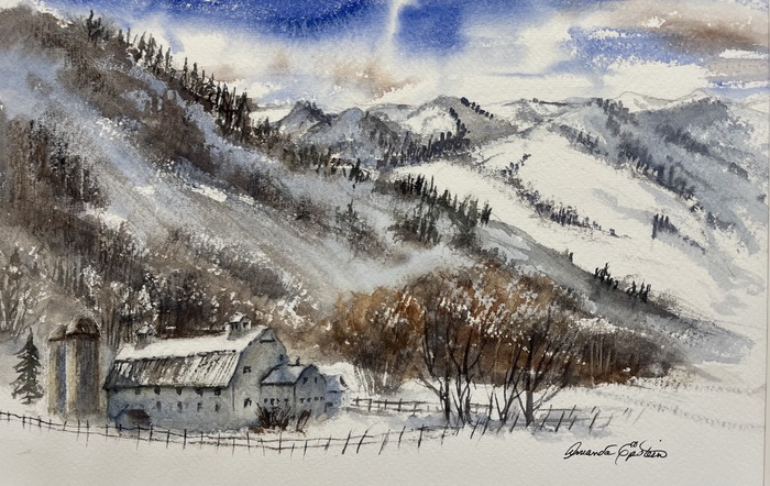 Painting of McPolin's Farm beneath snow covered mountains in Park City, Utah