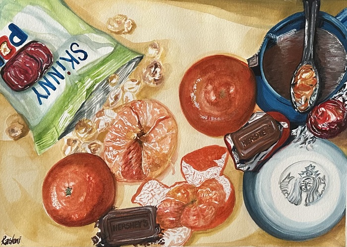 It’s an original Watercolor composition with all the munchies for my late afternoon snack!