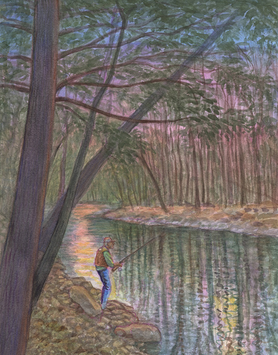 Looking down on a fisherman from a high bank at dusk, on the Shawangunkill in the Hudson Valley.