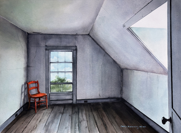 An old attic room with two windows and a brightly painted chair