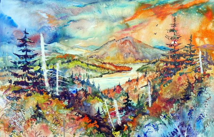 This painting is an ariel view of the Adirondack at the most beautiful season of the year. Mountains and a lake.
