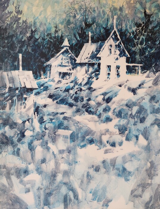 A semi-abstract landscape depicting a snowy, rural setting.