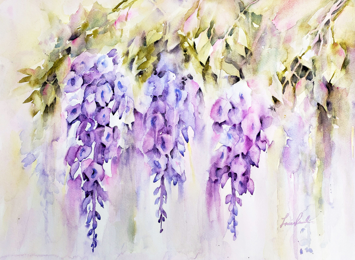 A watercolor painting of wisteria capturing their softness and movement using loose, expressive techniques and soft colors.
