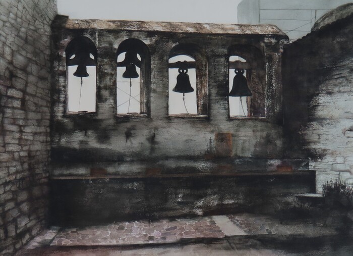 Now Silent 2 depicts a dark alcove with a row of 4 bells hanging from stone archways.