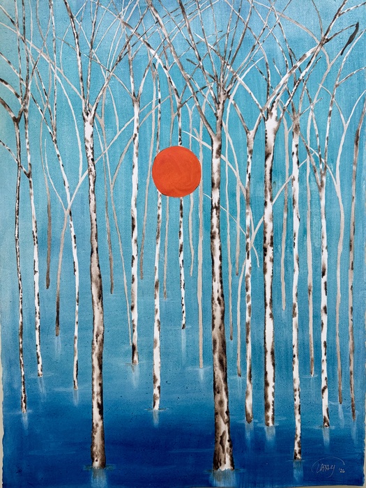 A flooded forest in Lake Kaindy, Kazakhstan shows an abstract representation of the lake, trees with an orange sun.