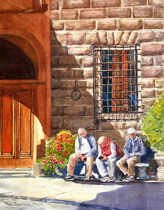 The strong shadow value enhances the figures and describes the light found in a typical scene in Florance, Italy.
