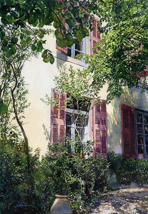 A watercolor painting of a sun dappled building surrounded by foliage