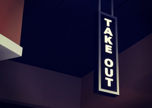Take out sign at restaurant, online ordering restaurant industry