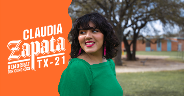 Portrait of Claudia looking off in the distance, smiling. She is wearing pink earrings and a bright green shirt. Text reads 