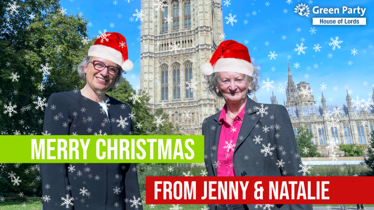 Photo of Natalie Bennett and Jenny Jones outside Parliament with text that reads:   Greens in the House.   With Green Party House of Lords logo in top right.