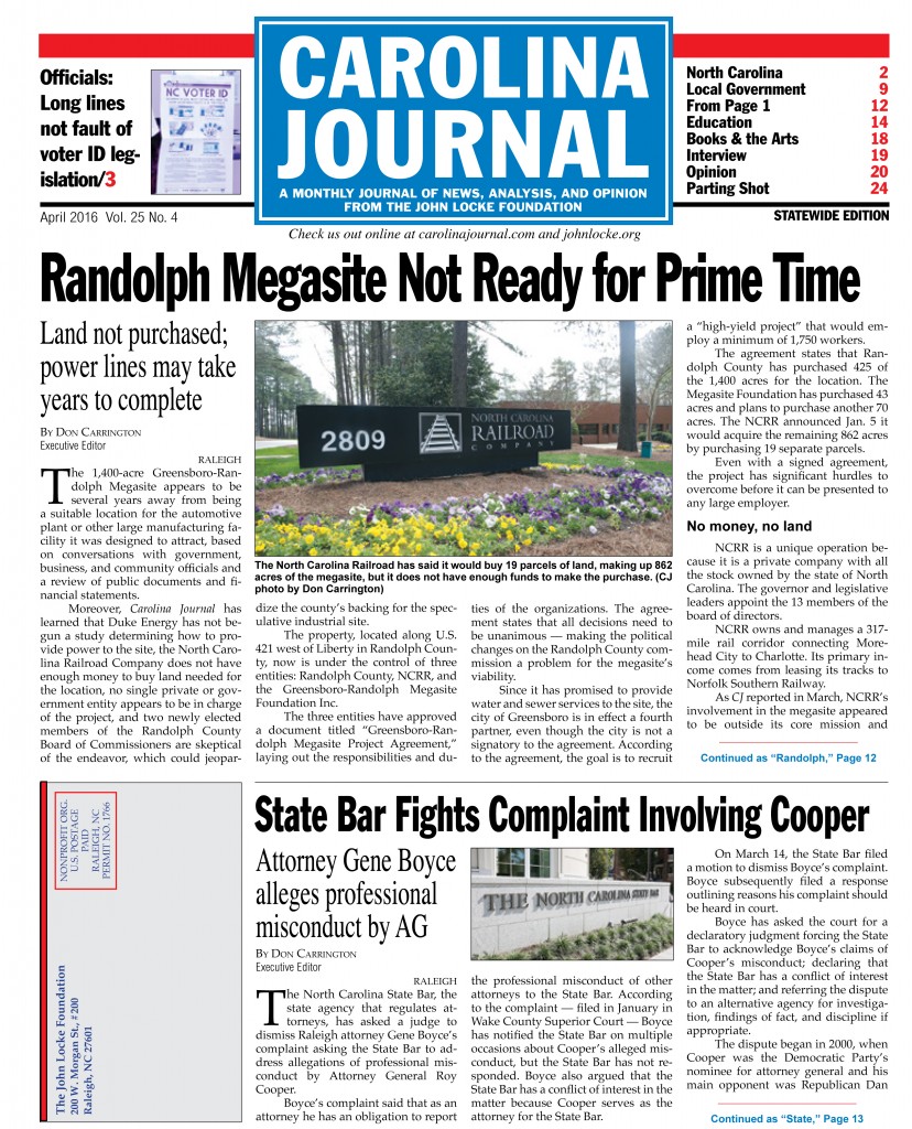 Volume 25, Number 4 April 2016 Carolina Journal Carolina Journal