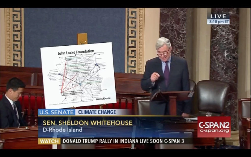 Sen. Sheldon Whitehouse, D-R.I., singles out the John Locke Foundation's work in a Tuesday speech on the Senate floor as part of the Democrats' coordinated "Web of Denial" campaign. (Image from C-Span)