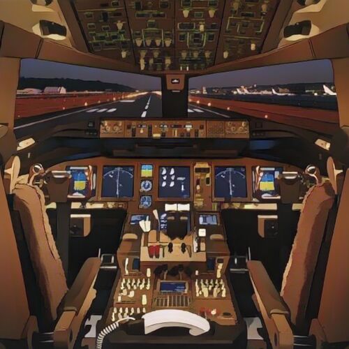 Boeing 777 Cockpit Ding Cover Art Blurred Background