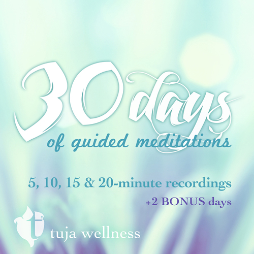 30 Days of Guided Meditations from Tuja Wellness Cover Art Blurred Background