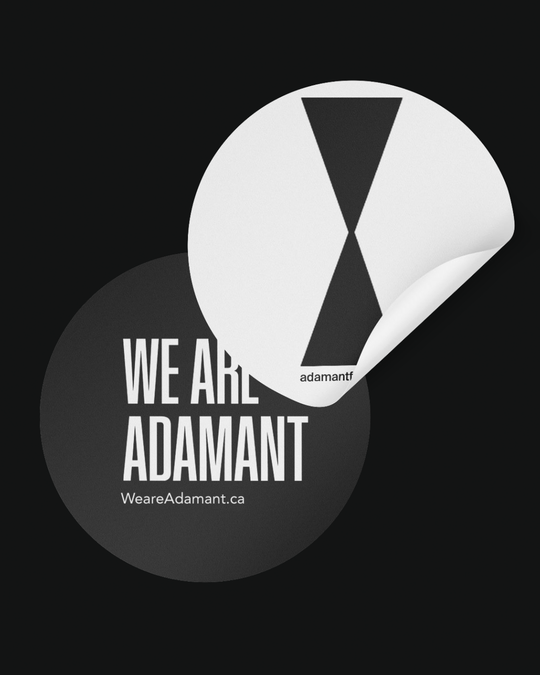 Adamant buttons and stickers featuring hourglass symbol.