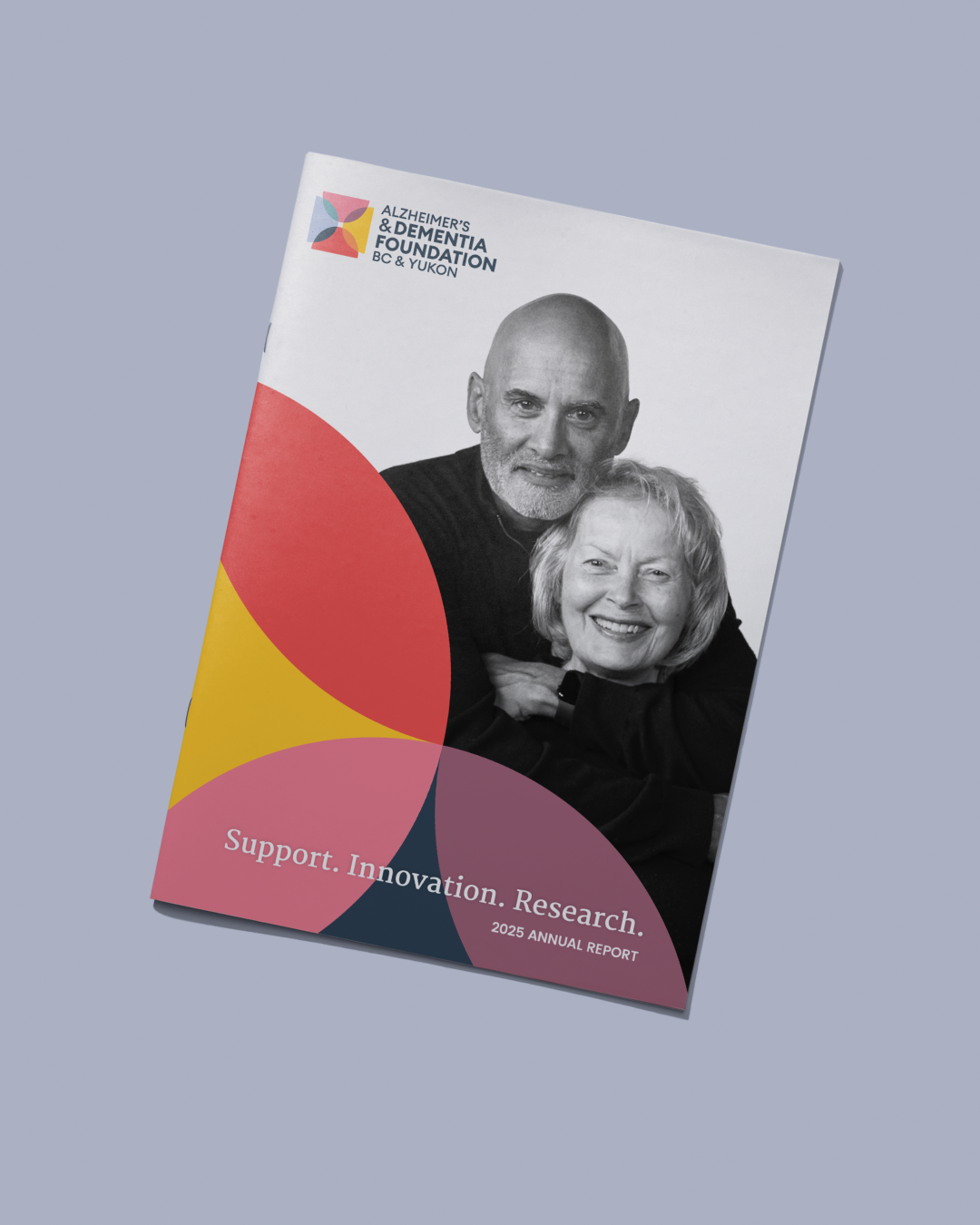 2025 annual report for the Alzheimer’s & Dementia Foundation, featuring a black-and-white portrait of an older couple and colourful overlapping shapes