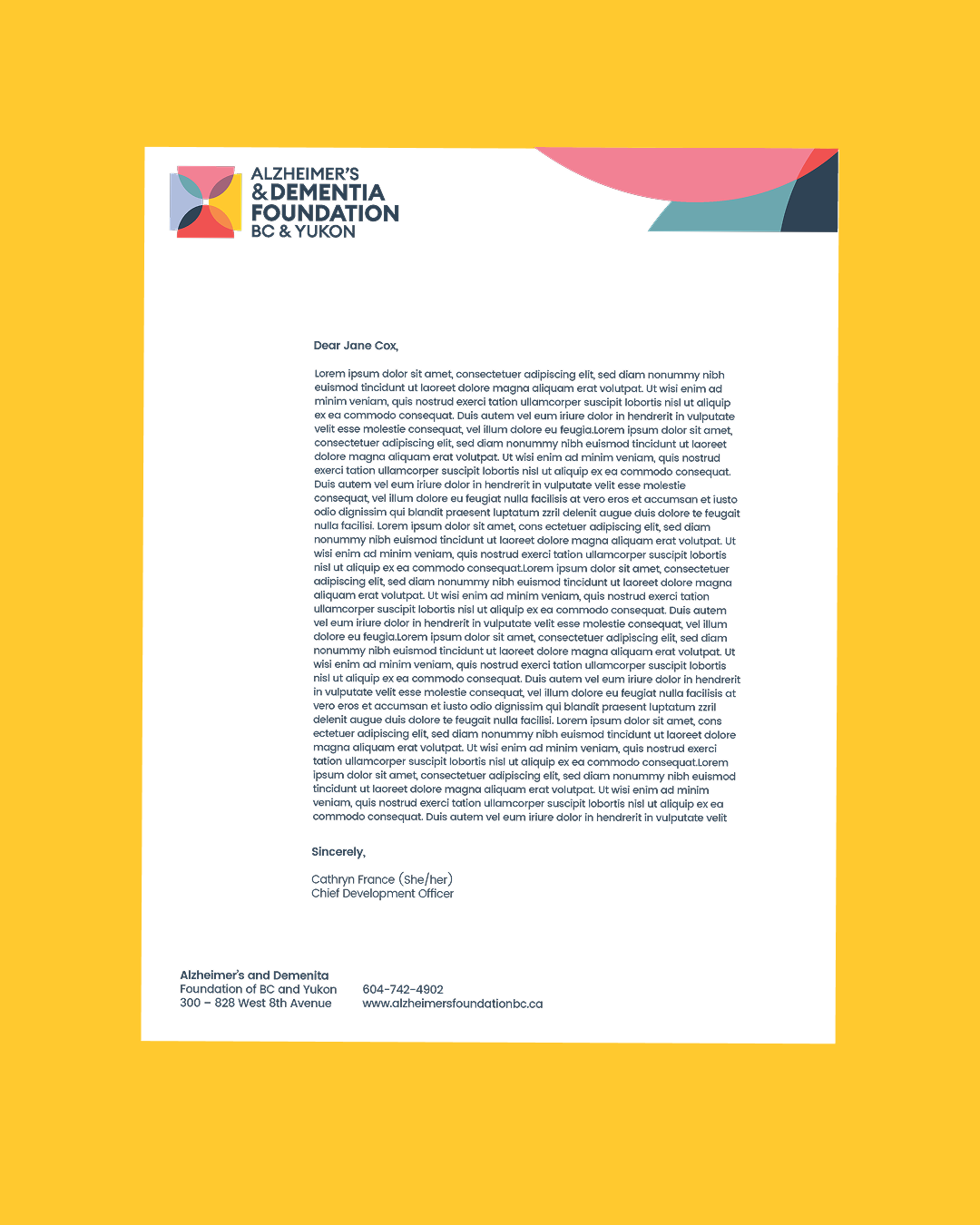 Alzheimer’s & Dementia Foundation letterhead featuring the logo and colourful geometric graphics.