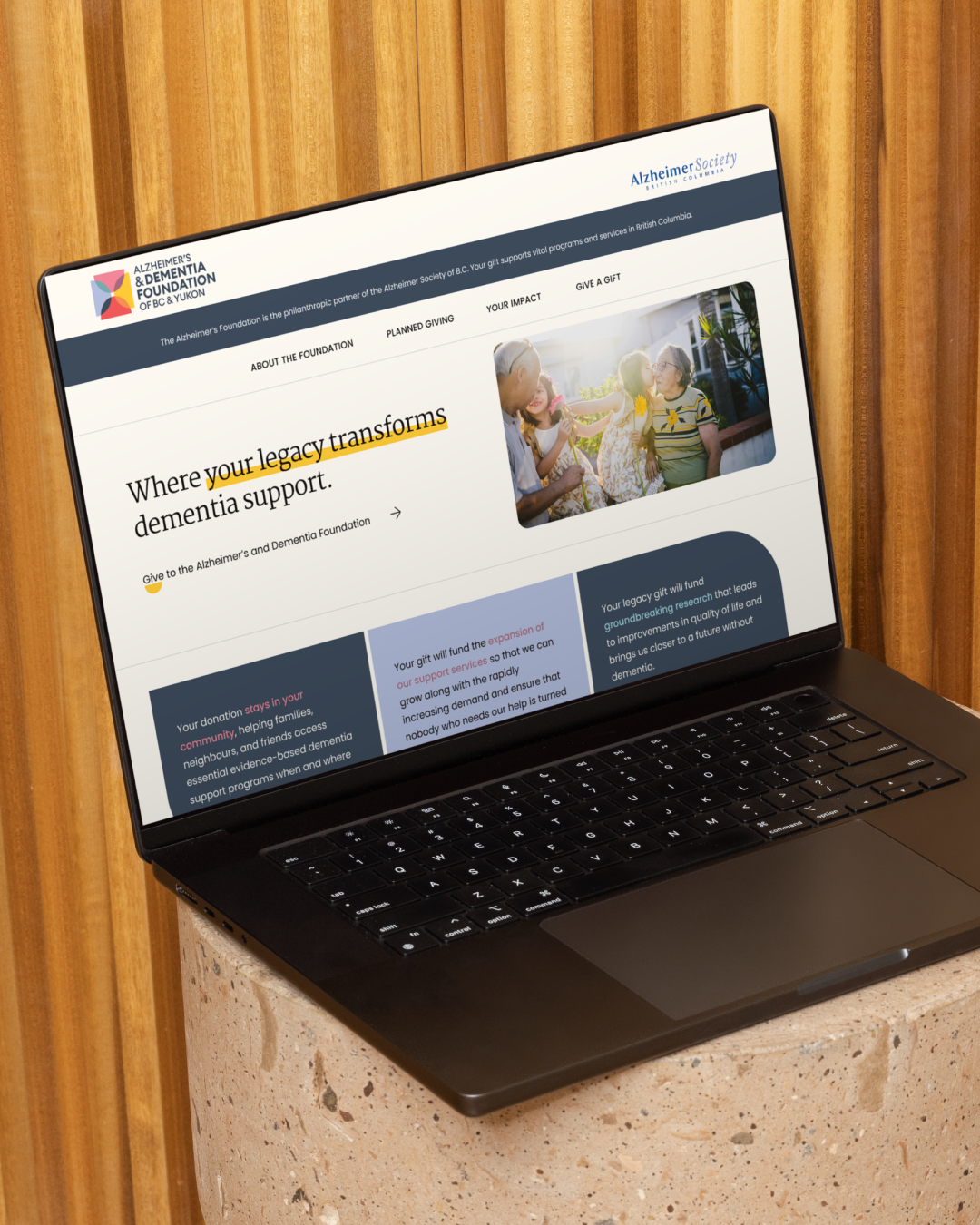 Alzheimer’s & Dementia Foundation website displayed on a laptop, featuring the message ‘Where your legacy transforms dementia support.