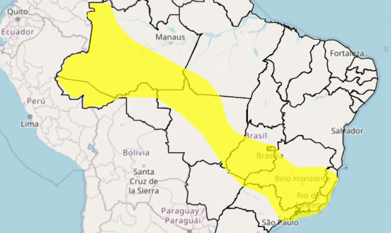 O mapa mostra às áreas em alerta para chuva intensa e ventania