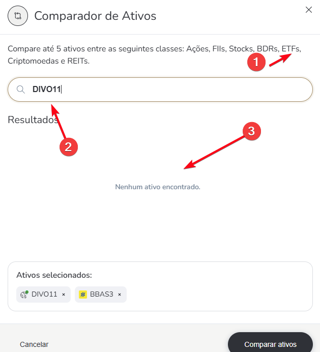 Comparador não funciona para ETFs