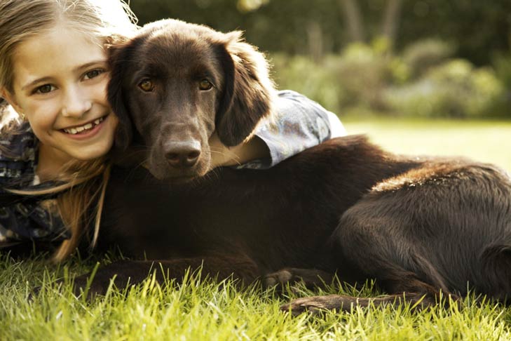 Flat coated retriever and girl hugging outside