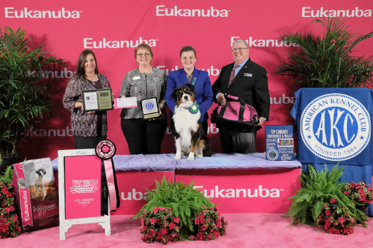 Beginner Novice Top Combined award winner: Burlynne Mejeris and Woody, an Australian Shepherd of Florida; 2018 AKC Juniors Classic.