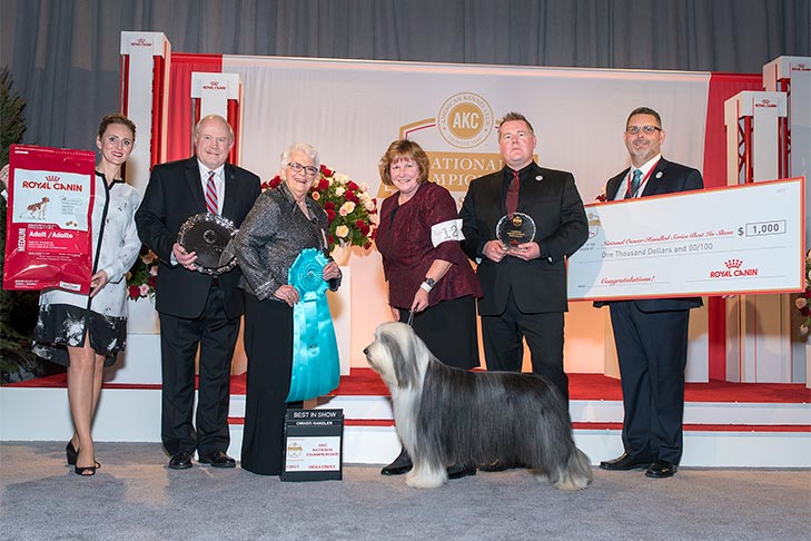 Owner-Handled Best In Show, Owner-Handled Herding Group First, and Owner-Handled Best of Breed: GCHS CH Wigglesworth Aberlour's Pyt CGC, Bearded Collie; AKC National Owner-Handled Series Finals awards ceremony at the 2017 AKC National Championship presented by Royal Canin, Orlando, FL.