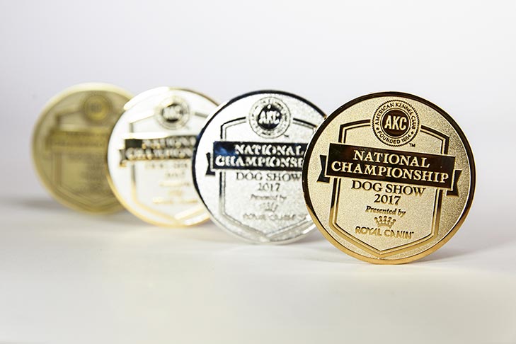 2017 AKC National Championship presented by Royal Canin medals (right to left): Best of Breed, Best of Opposite Sex, Best Bred By Exhibitor, and Select.
