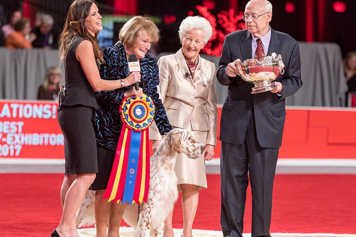 Best Bred By Exhibitor in Show, Bred By Exhibitor Sporting Group First, Best of Breed, and Best Bred By in Breed/Variety: GCHS CH Wingfield N Chebaco Just So You Know, English Setter; Best Bred-By-Exhibitor in Show awards ceremony at the AKC National Championship presented by Royal Canin, Orlando, FL.