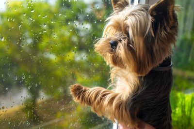 Yorkshire Terrier waiting at the window on a rainy day.