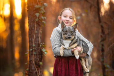 10-year-old Addie Weger holding Swedish Valhund
