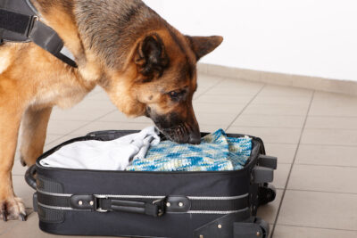 Airport canine. Dog sniffs out drugs or bomb in a luggage.