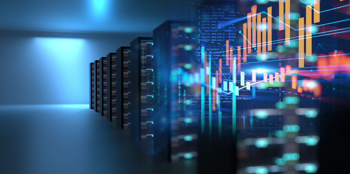 Close up of lights on computer devices in server room