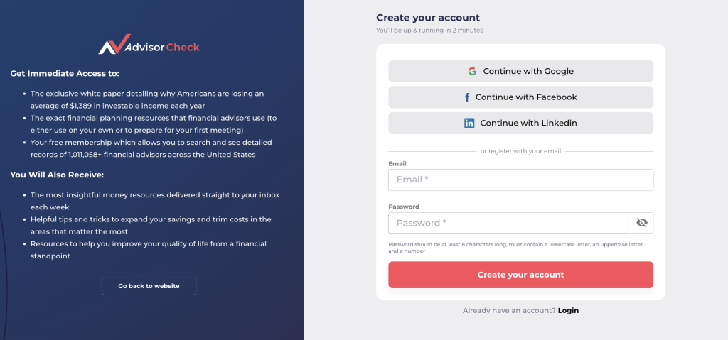 What AdvisorCheck's Sign Up Page Looks Like